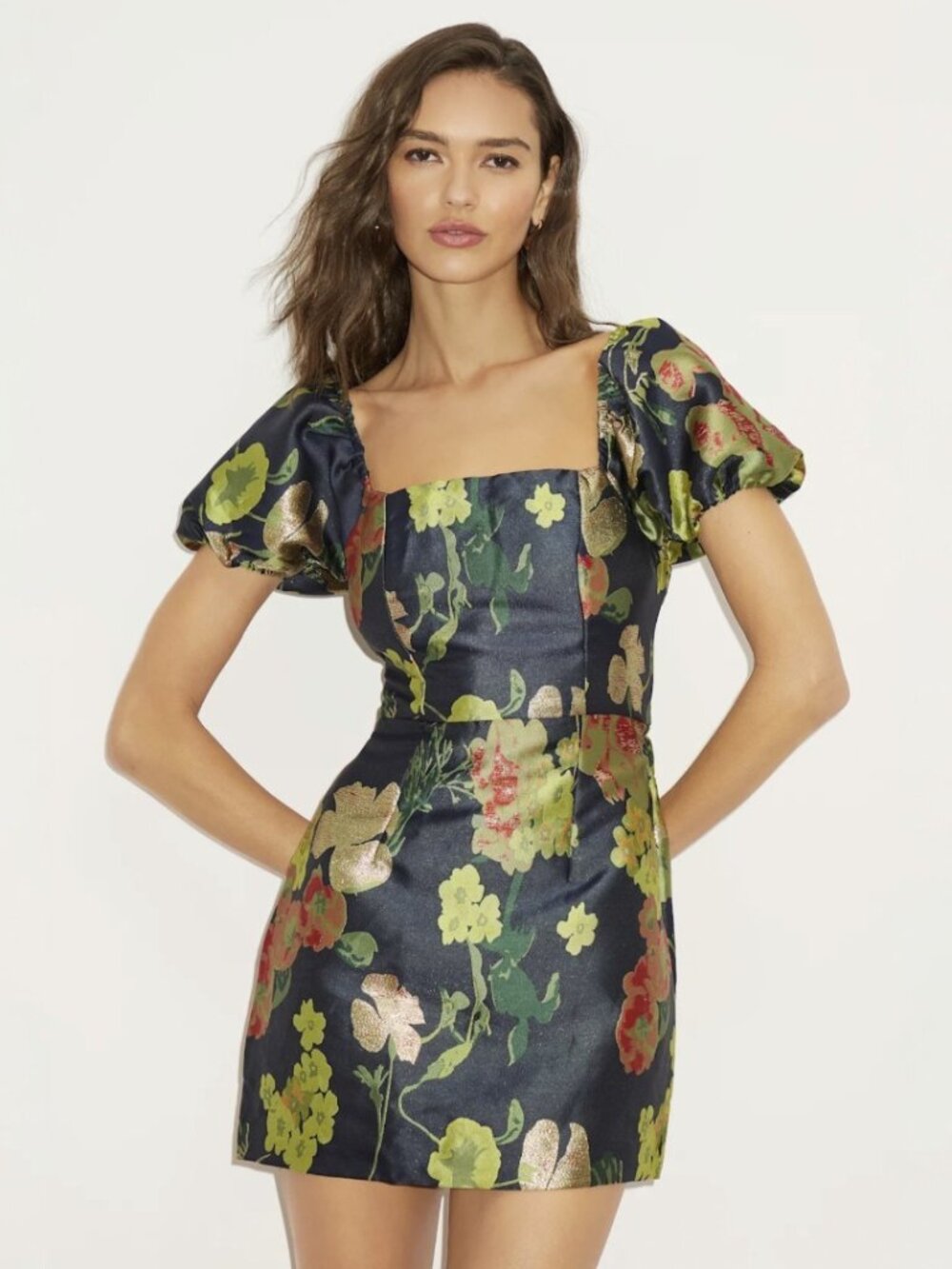 Lulus So Stunning Navy Blue Floral Jacquard Puff Sleeve Mini Dress NWT - Picture 2 of 16